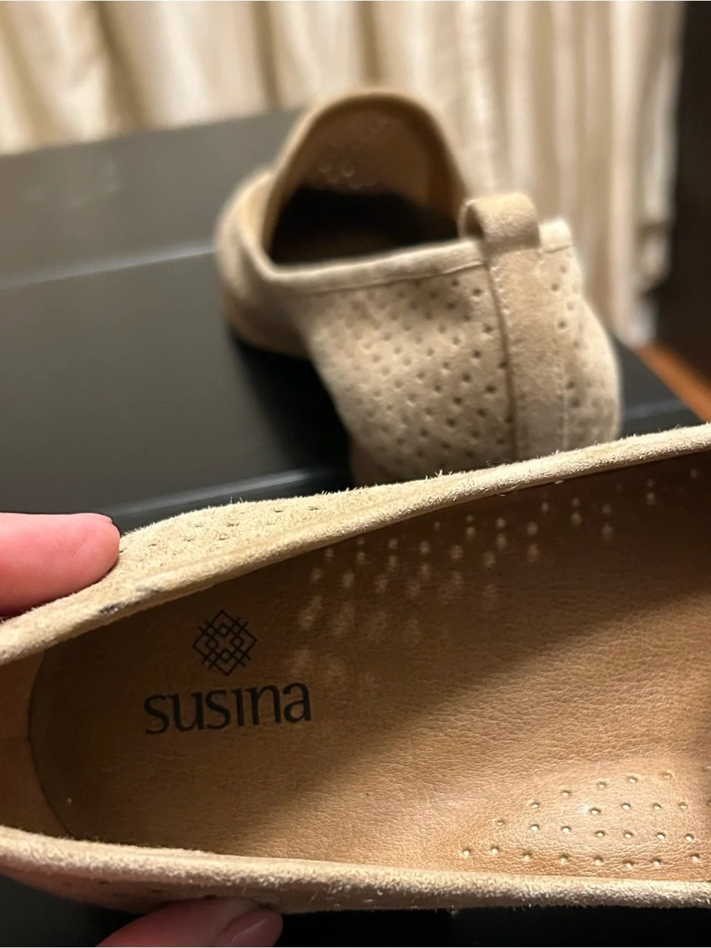 Susina Perforated Suede Slip-On Loafers in Light Tan